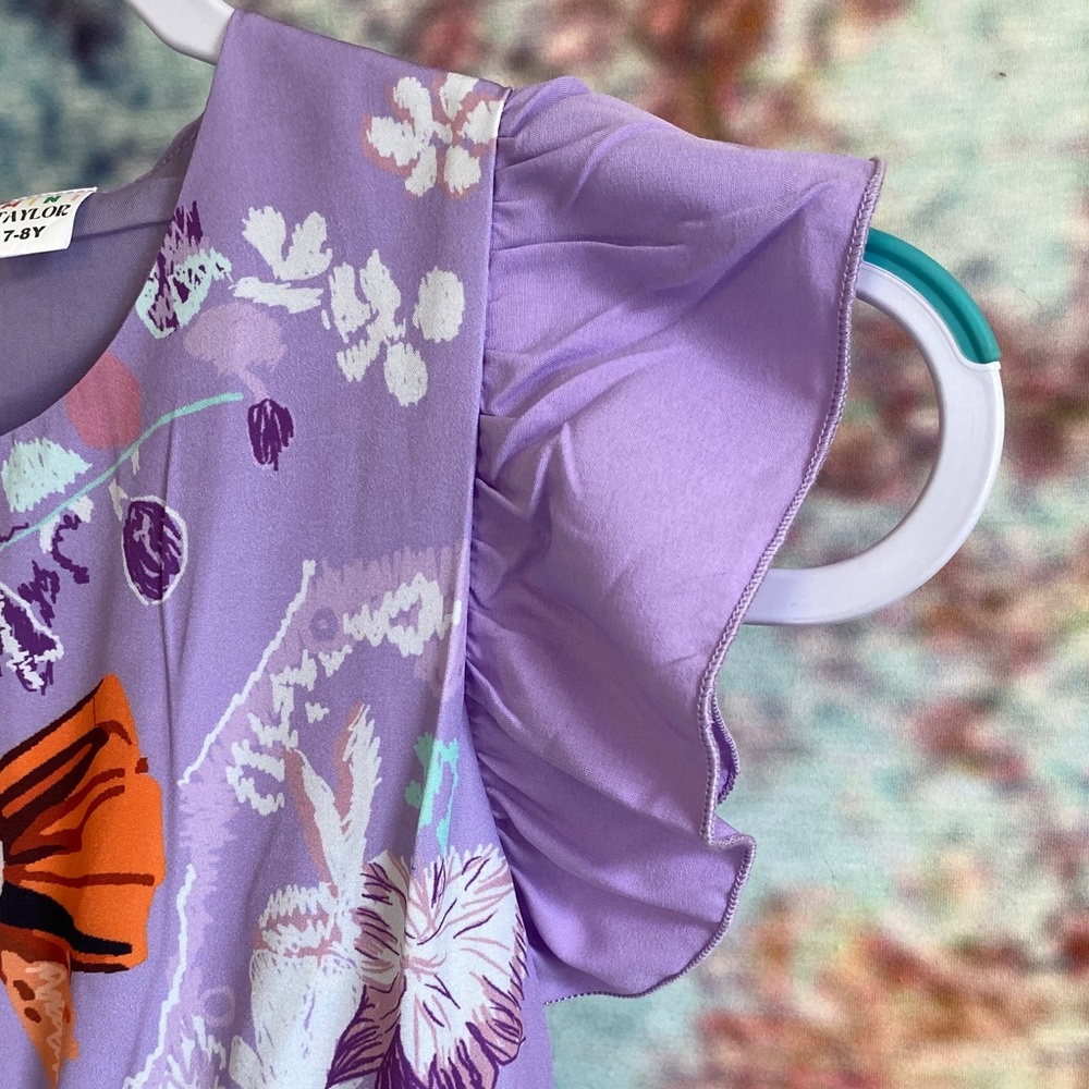 Charming Lavender Kids Dress with Cat Embroidery - Picture 3 of 9